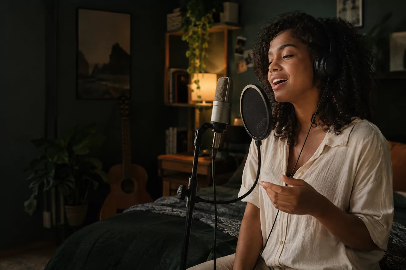 Cantora com fones de ouvido cantando diante de um microfone de estúdio, em um quarto de estudo