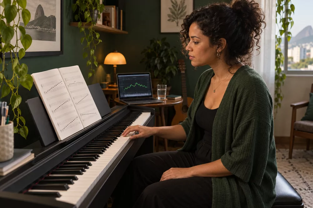 Mulher ao piano, com a partitura aberta e o notebook mostrando o gráfico de notas ao fundo