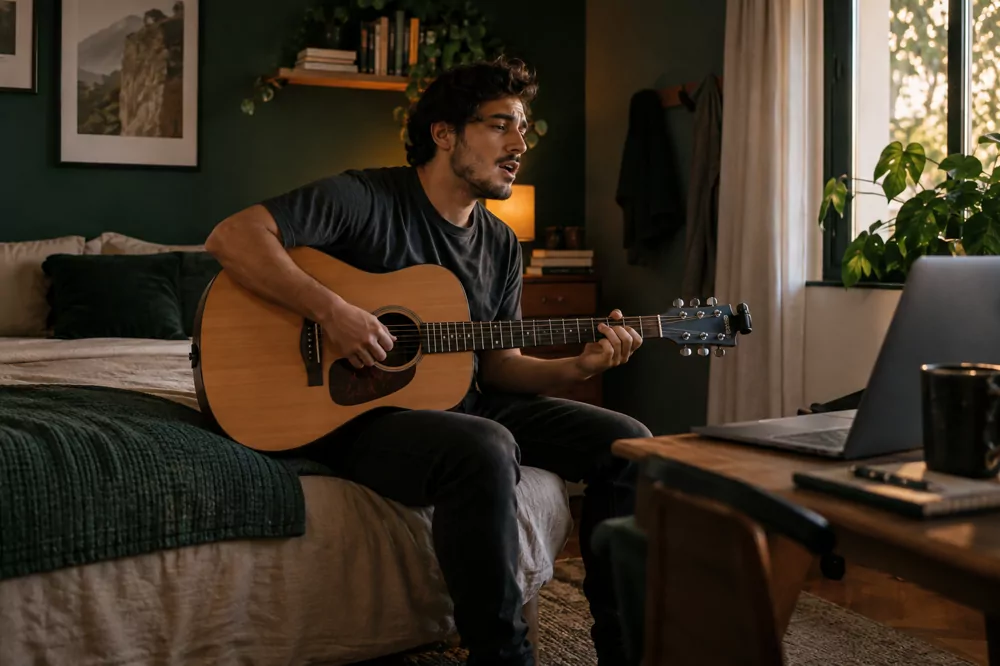 Homem cantando e tocando violão, sentado na cama, com o notebook ao lado